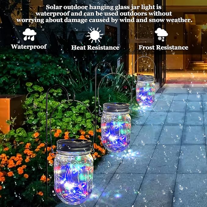 Hanging Solar Mason Jar Lights,ZQX 6 Pack 20 Led String Hanging Mason Jar Lanterns for Outdoor,Great Decor Light for Outside Patio Garden Yard Fence Wedding Table,Hangers and Jars Included(Multicolor)
