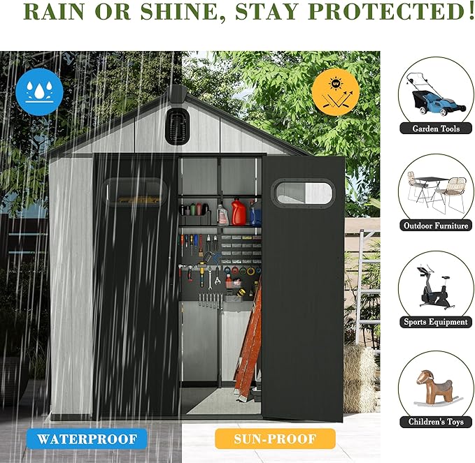 Domi 6x4FT Outdoor Resin Storage Shed with Transparent Windows & Louvered Vents, Plastic Tool Shed with Double Lockable Doors & Gable Roof, Outside Garden Shed for Backyard, Patio, Lawn, Grey