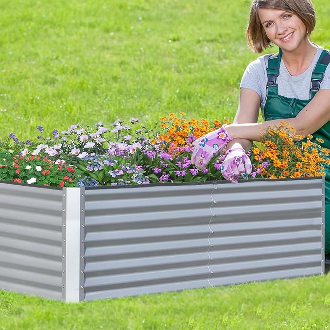 Domi Galvanized Raised Garden Bed, Outdoor Planter Garden Boxes Large Metal Planter Box for Gardening Vegetables Fruits Flowers, Silvery (6x3x2ft)