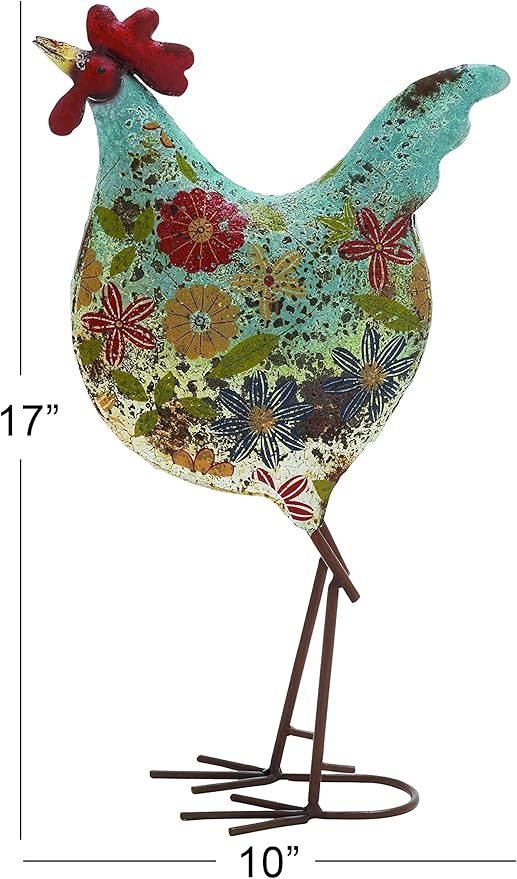 Deco 79 Metal Rooster Decorative Garden Sculpture Indoor Outdoor Distressed Standing Garden Statue with U Shaped Feet, Outdoor Sculpture 10" x 5" x 17", Green