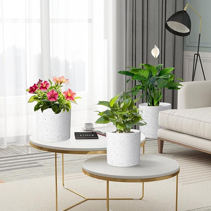 12/10/8 inch Large Plant Pots, 3 Pack Cylinder Deep Flower Pots for Outdoor Indoor Plants, Tall Plastic Planters with Drainage Holes and Saucers for Garden House Plants, Speckled White