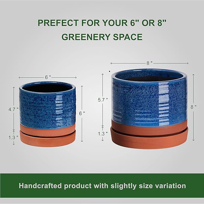 6 + 8 Inch Plant Pots, Ceramic Planter Pot with Drainage Hole & Saucer, Indoor/Outdoor Cylinder Round Planter Pot, Aqua Blue & Terracotta