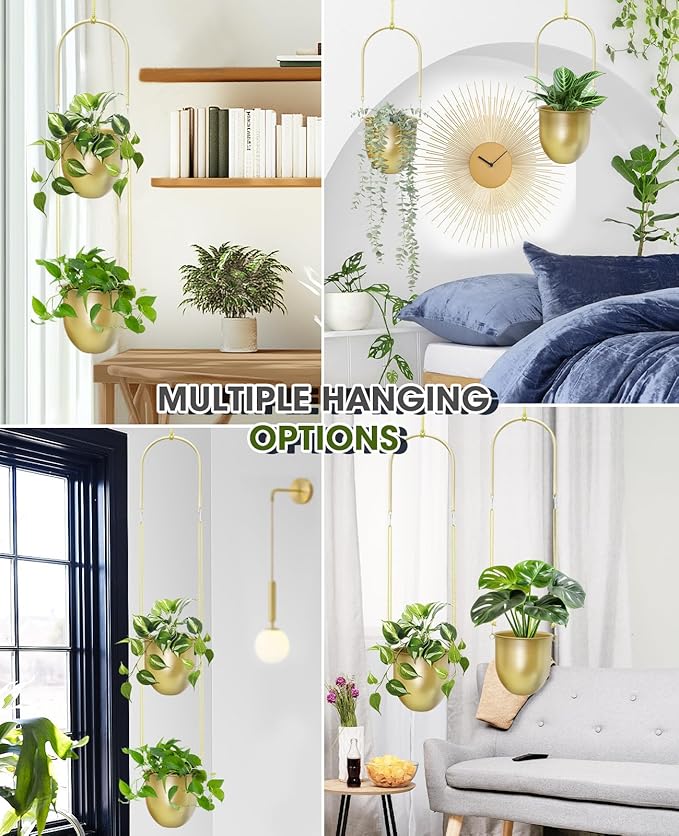 AceList Gold Hanging Planter Set of 2-5.51 Inch Hanging Planters for Indoor Plants, Home, Balcony, Garden, and Patio - Window Hanging Planters with Hemp Rope