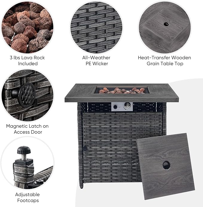 5 Pieces Patio Wicker Furniture Set - 4 Outdoor Swivel Rocker Glider Chairs with Propane Fire Pit Table, Patio Conversation Set Blue Cushion Perfect for Casual Gathering