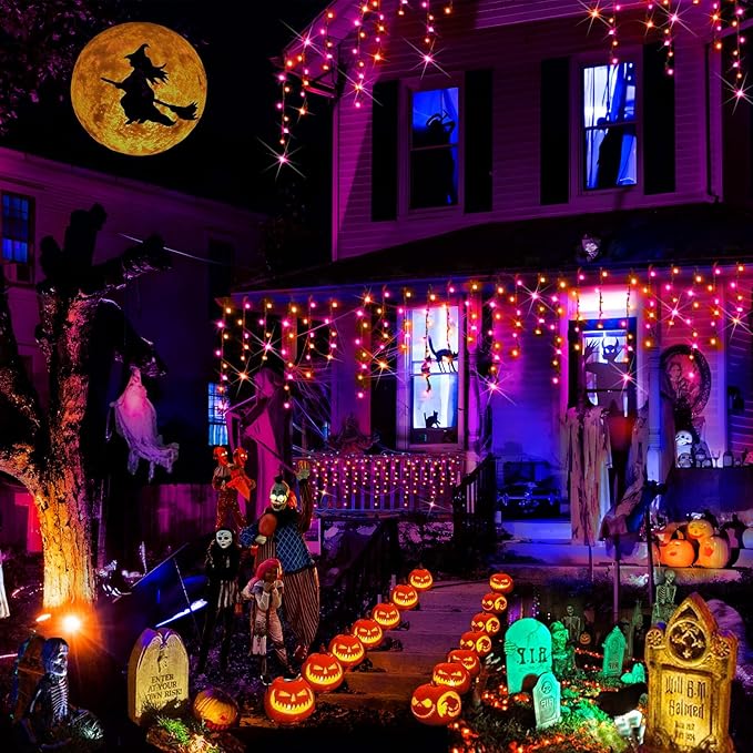 Hezbjiti 2Pack Total 800LED Halloween Lights Purple Orange Icicle Lights 32.8FT Halloween String Lights Outdoor Decoration 8 Modes 75 Drops Fairy Lights for Eaves Party Yard Garden Halloween Decor