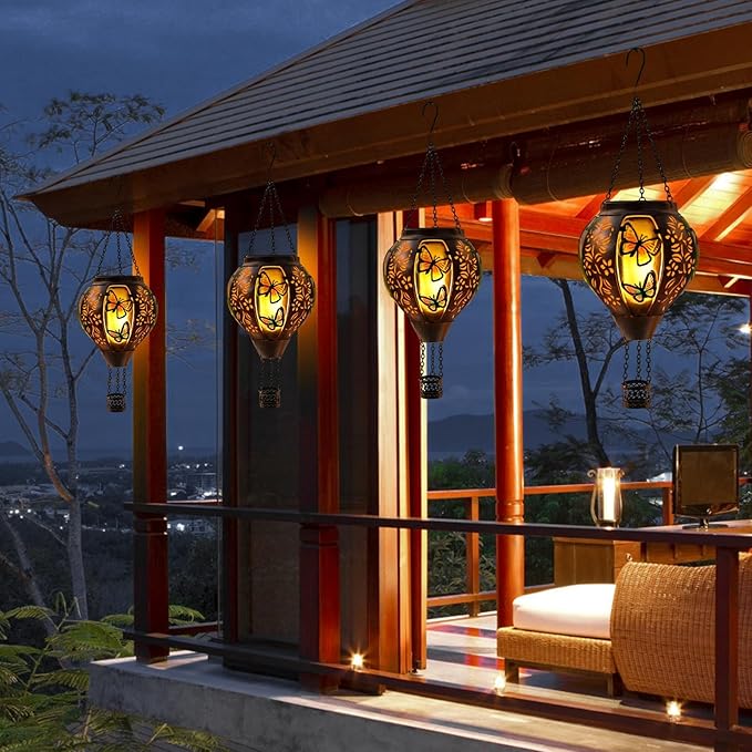 Hot Air Balloon Solar Lantern Outdoor - Flame Hanging Solar Light Waterproof Lanterns for Patio Garden Yard Farmhouse Decor, Great Gift(Butterfly)