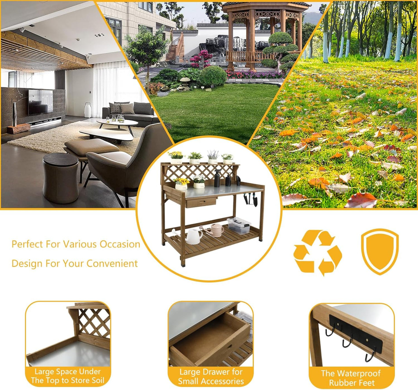 Garden Potting Bench with Metal Tabletop,Outdoor Potting Table Workstation Benches with Drawer/Storage Shelf,Fir Wood Potting Station Work Table with Open Shelf,Lattice Back (Brown)