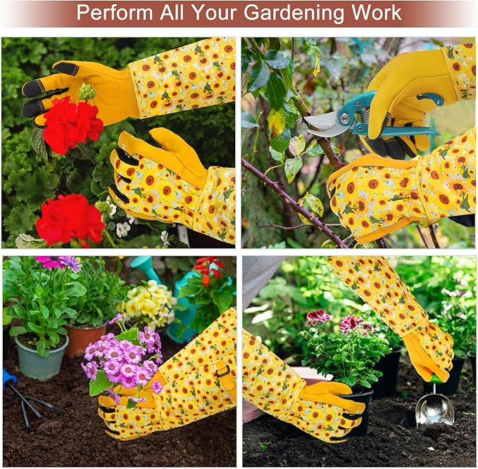DLY Gardening Gloves for Women, Rose Gloves Gardening Thorn Proof, Long Garden Gloves for Women, Breathable Cowhide Leather Gauntlet (Medium, Yellow