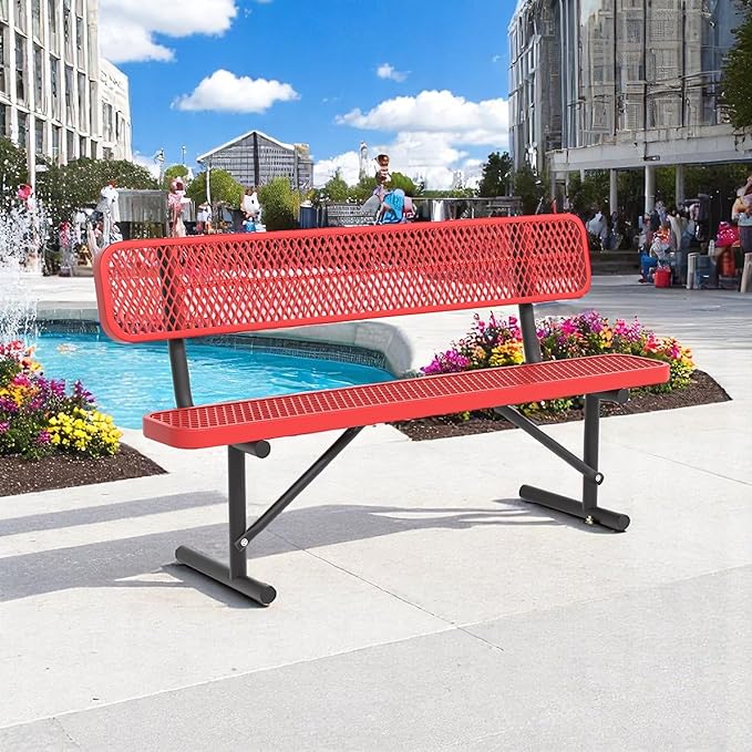 Heavy Duty Park Bench with Back Portable Frame, Outdoor Steel Bench with Backrest, Red Metal Bench Seat Expanded Metal Mesh Bench for Lawn, Park, Deck, Garden, Patio, Porch, Black (Red, 6FT)