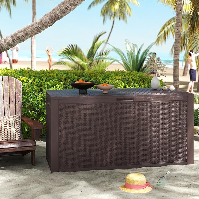 90 Gallon Resin Deck Box, Weatherproof Outdoor Storage Box for Patio, Garden, Pool, and Yard, Lockable Waterproof Bin for Tools, Cushions, and Accessories, Brown