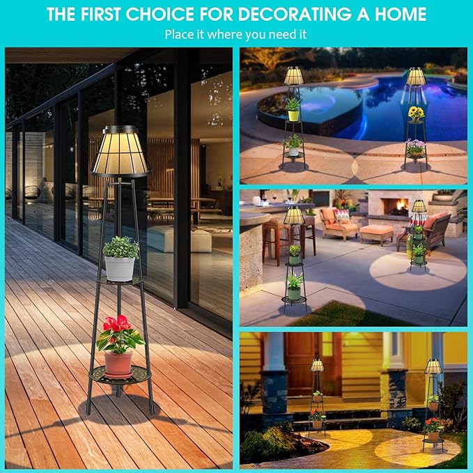 2 Pack Solar Lights Outdoor with Plant Stands, Solar Floor Lamp Street Lights Metal Tripod Patio Lights for Garden Yard Pathway Driveway Front/Back Porch Decoration