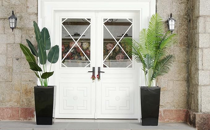 30" Tall Planters Set of 2, Outdoor&Indoor Black Planter Pots, High Front Porch Planter Pots with Drainage Holes&Water Level Monitor Movable Wheels &Inner Bucket, Automatic Watering,Black