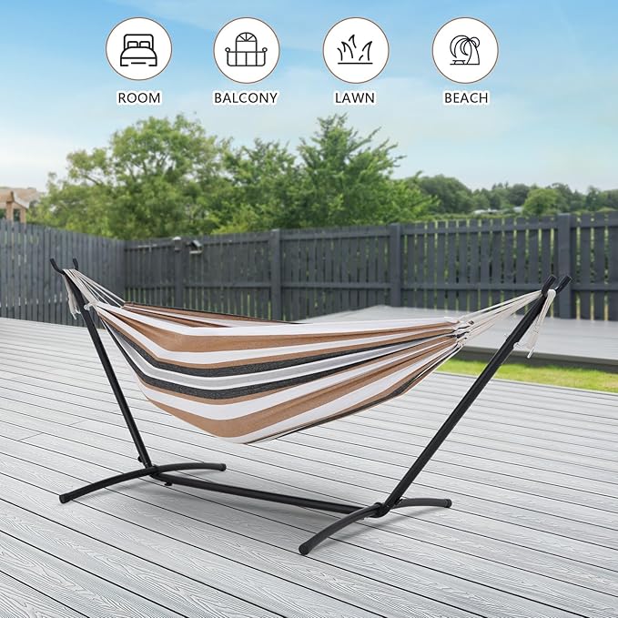Double Hammock with Stand Included 450lb Capacity Space Saving Steel Stand,Premium Carry Bag Included,Suit for Outside,Indoor,Yard,Camping(Coffee).
