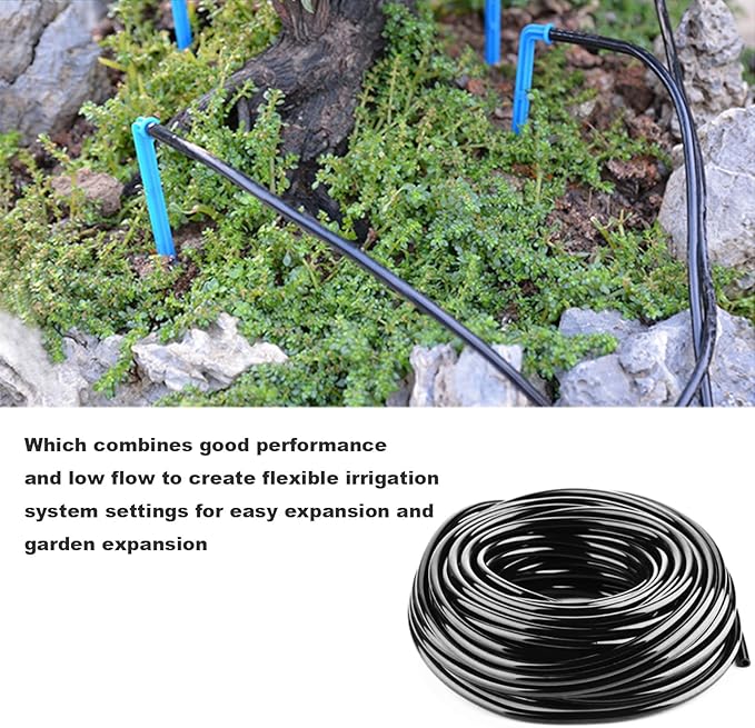 Drip Irrigation Tubing 100 Feet 1/4 drip Irrigation Drip Line Irrigation Hose with 5 Pcs 4/7 Drip Irrigation Tees, 15 Pcs 4/7 Straight, Drip Irrigation Kit (100FT)