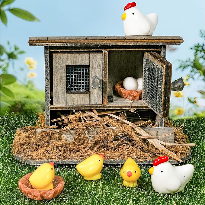 Hiawbon Miniature Retro Wooden Chicken Coop Mini Family Chicken,Hen,Chick,Egg,Chicken Nest Ornament Micro Landscape Fairy Garden Decor