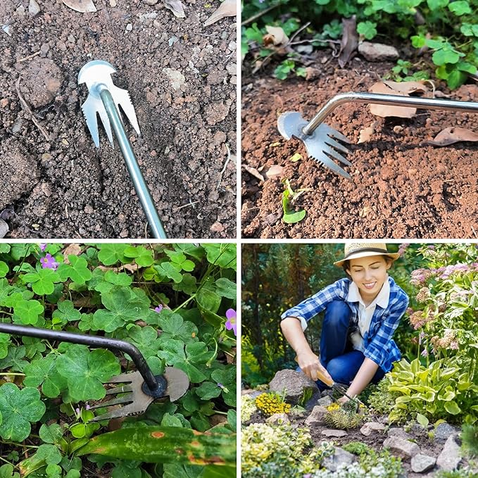 Amposei Weeding Artifact Uprooting Weeding Tool, Multifunctional Weeder, Hand Weeder Tool, Stand Up Weed Puller Tool with Handle for Garden Yard Farm Weed Removal (11in, Wood Handle)