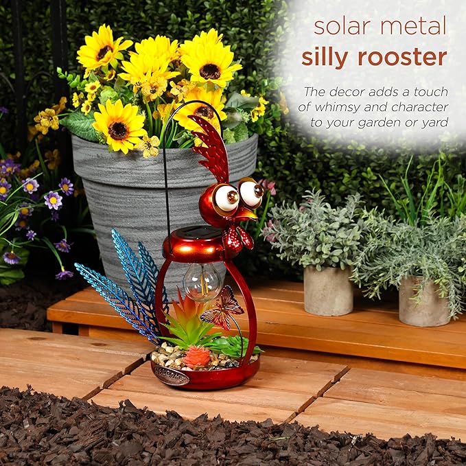 Alpine Corporation LYT286SLR-HH Solar-Powered Metal Rooster w/Garden Enclosed LED Light Decor, Solar Patio Decor, 16''H, Red