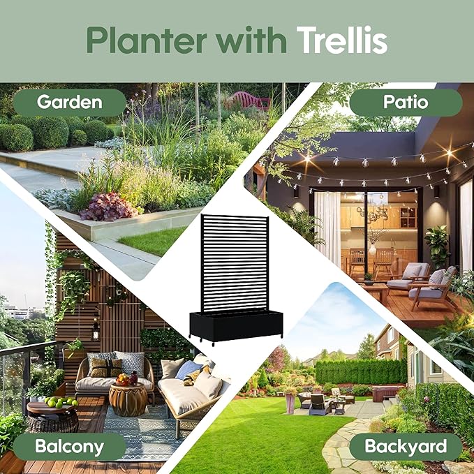 Double Metal Planter Box with Trellis Privacy Screen, Raised Garden Bed with Trellis & Wheels, Planter Box Outdoor with Drainage Holes for Climbing Plants, Vegetable, Vines,73"x 47"x 30", Black