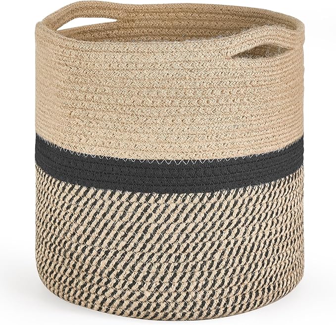 Dahey Jute Rope Plant Basket Modern Woven Storage Basket for 10" Indoor Planter, Decorative Flower Pots Cover Laundry Bin with Handle Rustic Home Decor, Black