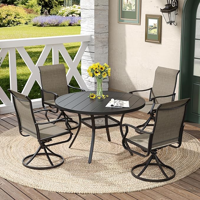 DIFY Outdoor Dining Table for 4, Round Patio Table with Umbrella Hole for Garden, Backyard and Porch (Black)