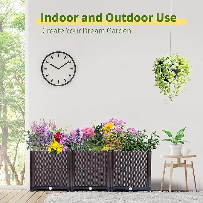 Emalie Deep Raised Garden Beds Large Plastic Planter Box with Drainage Plugs for Veggies Flowers Herbs Deep Root Plants Growing, 47.2" Lx15.7 Wx16.9 H Brown