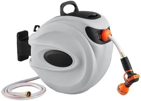 65' x 5/8" Retractable Hose Reel Wall-Mounted with 180° Swivel–Heavy-Duty Automatic Water Hose Storage for Garden,Yard,and Outdoor Use