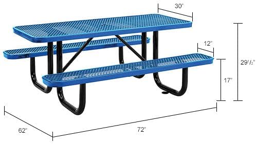 Global Industrial 6’L Rectangular Picnic Table, Expanded Metal, Blue Thermoplastic Coating, Attached Benches, 1-1/2” Umbrella Pole Hole, Outdoor-Rated, 1000 lb Capacity, 72” x 30” Tabletop