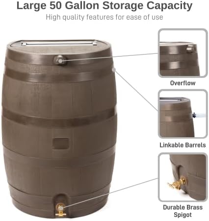 50-Gallon Rain Barrel, Flat Back Rain Water Collection Barrel, Stand and Link Kit Included, Walnut Color (2 Pack)