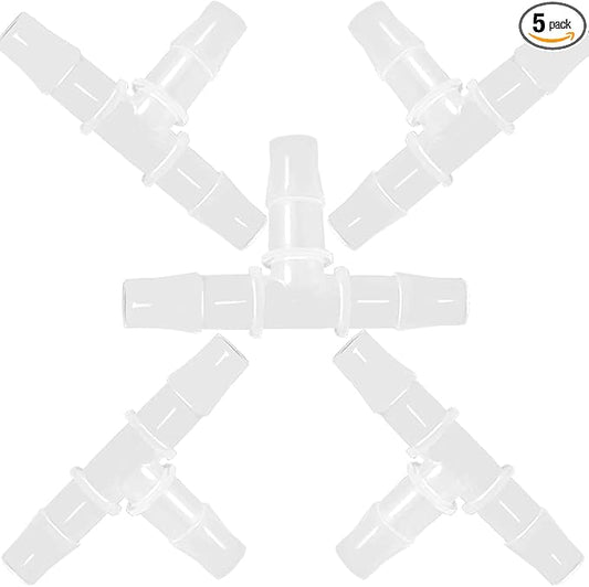 5/8" Tee Fitting Equal Barb 3 Way Hose Barb Fitting，Splicer Joint Mender Adapter Union Fitting for Fuel Gas Liquid Air (Pack of 5)