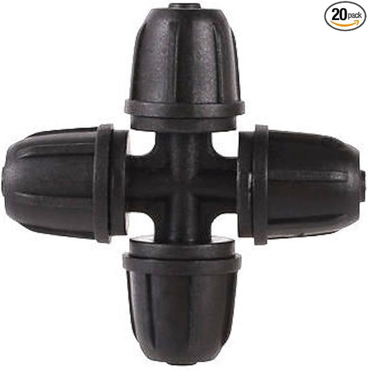 20-Pack Quick-Connect Locking 1/4" Drip Irrigation Tee 4-Way Cross, Upgraded Coupling Connectors, Tee Fittings for 1/4 Inch Irrigation Tubing, Drip Kit (Cross - 20 Pack)