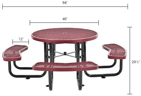Global Industrial 46" Round Picnic Table, Expanded Metal, Red Thermoplastic Coating, Attached Benches, 1-1/2” Umbrella Pole Hole, Outdoor-Rated, 1000 lb Capacity
