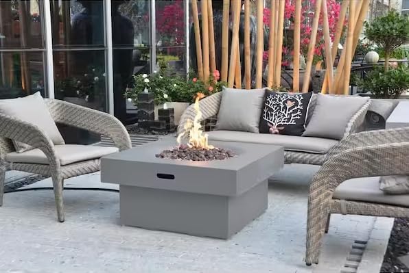 AMS Fireplace | Modeno Branford Package | Light Gray Natural Gas Fire Pit Table for Outside Patio Bundle with Wind Guard & SS Burner Lid | Free Ice Bucket & Rubber Mat