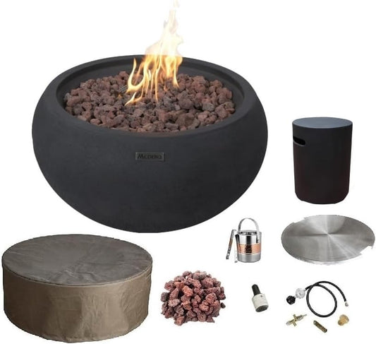 AMS Fireplace | Modeno York Package | Black Liquid Propane Gas Fire Pit Table for Outside Patio Bundle with Tank Cover and SS Burner Lid | Free Ice Bucket