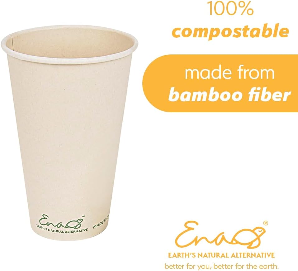 100% Compostable Disposable Coffee Cups [16oz 80 Pack] Paper Cups Made from Bamboo, Eco-Friendly, Biodegradable Premium Party Cups, Natural Unbleached by Earth's Natural Alternative