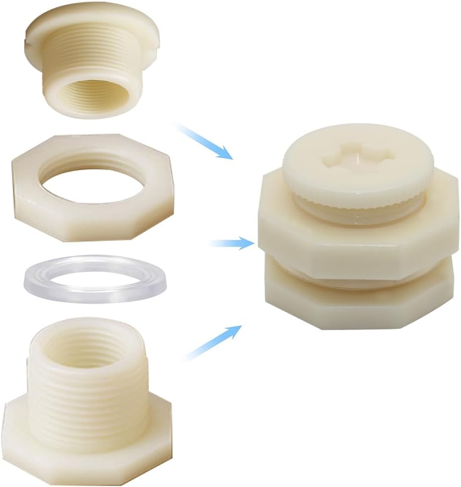 1" Female ABS Bulkhead Fitting, Plastic Water Tank Connector Adapter Fitting with Plugs for Outdoor rain Barrel Garden Hose Adapter Spigot kit Water Tank Gallon Drain Bucket(Set of 4)
