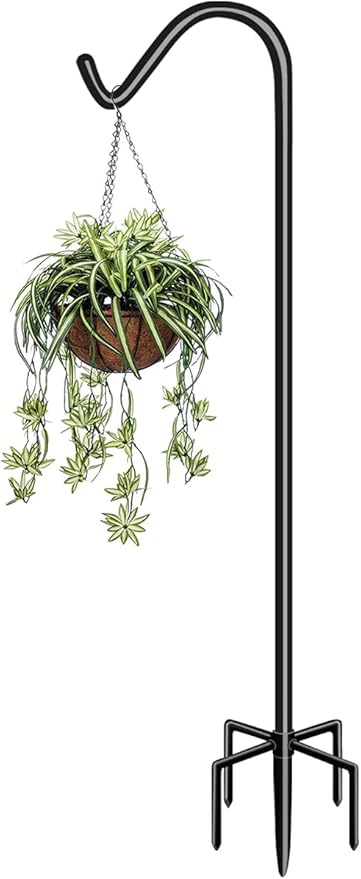 Garbuildman 76 Inch Tall Shepherd Hooks with 5-Forked Base, Adjustable Heavy Duty Bird Feeder Pole Stand Hanger for Outdoor, Shiny Black, 1 Pack