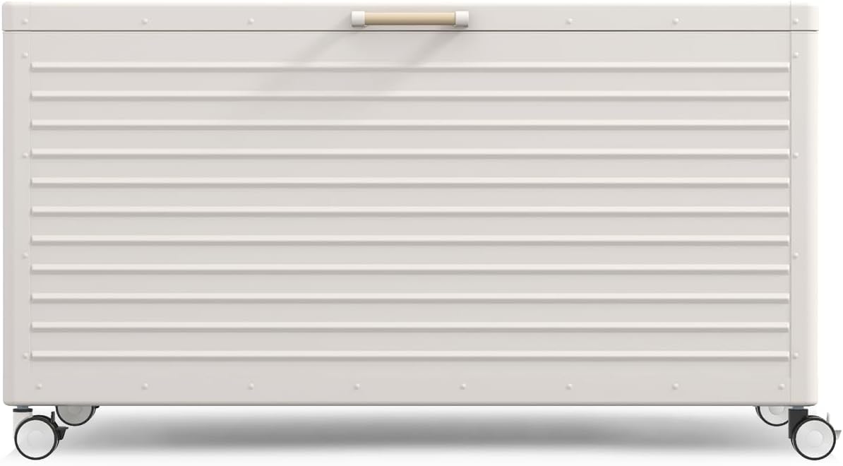 175 Gallon Outdoor Storage Box Waterproof with Wheels, Metal Deck Box for Patio Furniture, Garden Tools, Outdoor Cushion, Latte