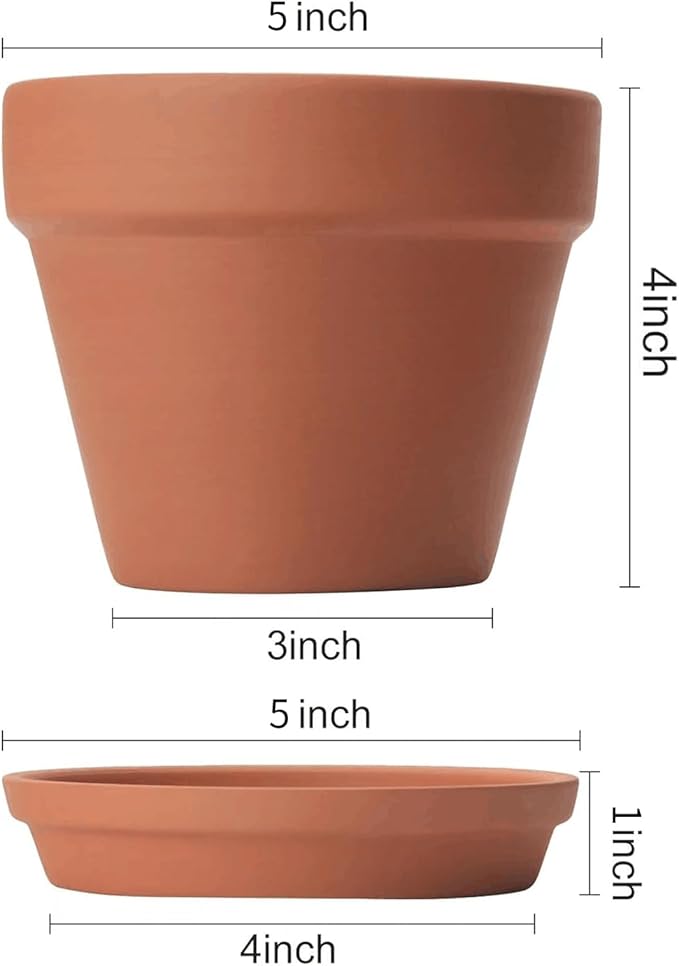 6 PCS Clay pots and Plates, 5-inch red Clay pots with Drainage, Perfect for Indoor, windowsill, and Garden Plants