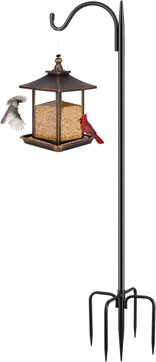 FEED GARDEN Adjustable Outdoor Shepherd Hook Bird Feeder Pole with 5 Prongs Base, 60 Inch Tall 5/8 Inch Thick, Heavy Duty Shepard Hook Stand for Hanging Bird Feeders, Plant Baskets, Black (1 Pack)