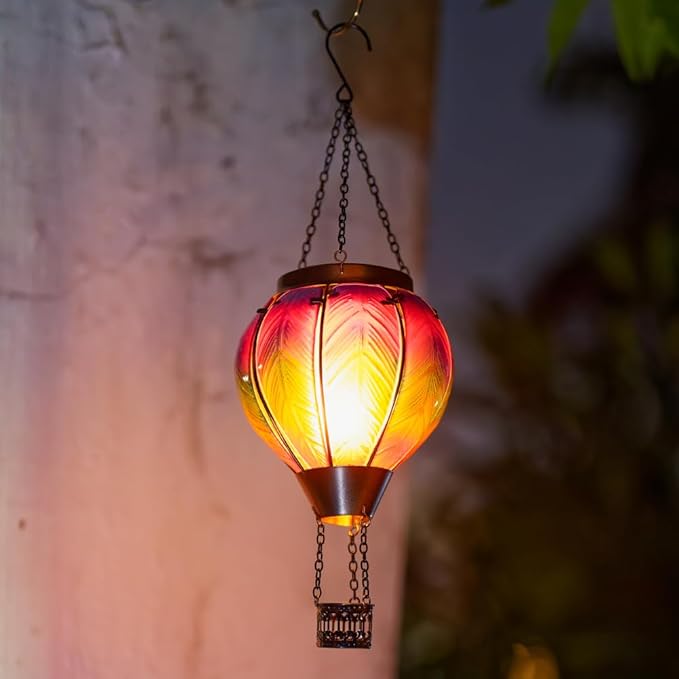 DREAMSOUL Hot Air Balloon Solar Lantern, Glass Outdoor Lantern Hanging Solar Lanterns Outdoor Waterproof for Patio Porch Garden Decor