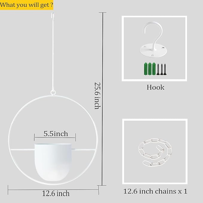Hanging Planter Indoor Modern Boho Plant Pot Metal Wall and Ceiling Plant Holder Mid Century Minimalist Flower Pot for Hanging Plants, White