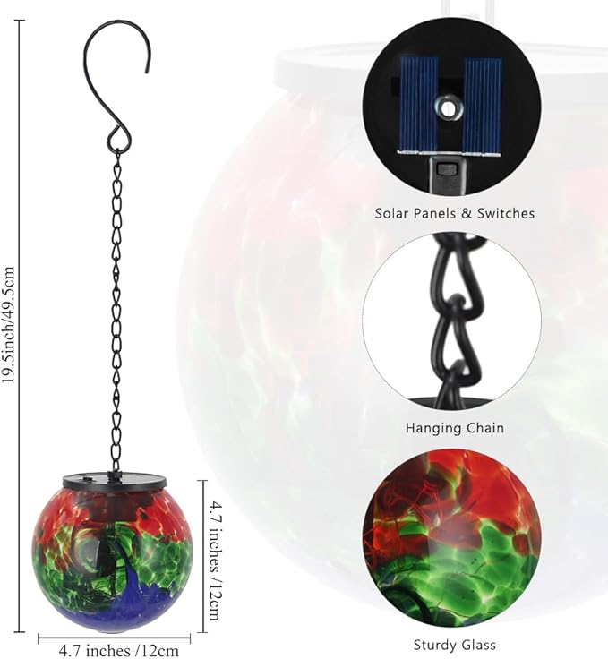 Hanging Solar Lanterns Outdoor Waterproof, Hanging Glass Solar Lantern with Hook, Gazing Ball Lantern Decor for Tree Yard Patio