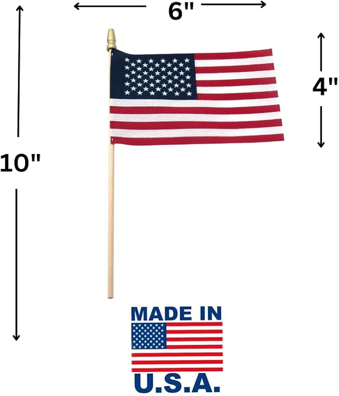 American Flags on Stick - Handheld Spearhead US Flag for 4th of July, Memorial Day Event Decorations - Patriotic Decor for Indoors & Yard - Wooden Stick, Cotton Fabric (4"X6" - 12 Pack)