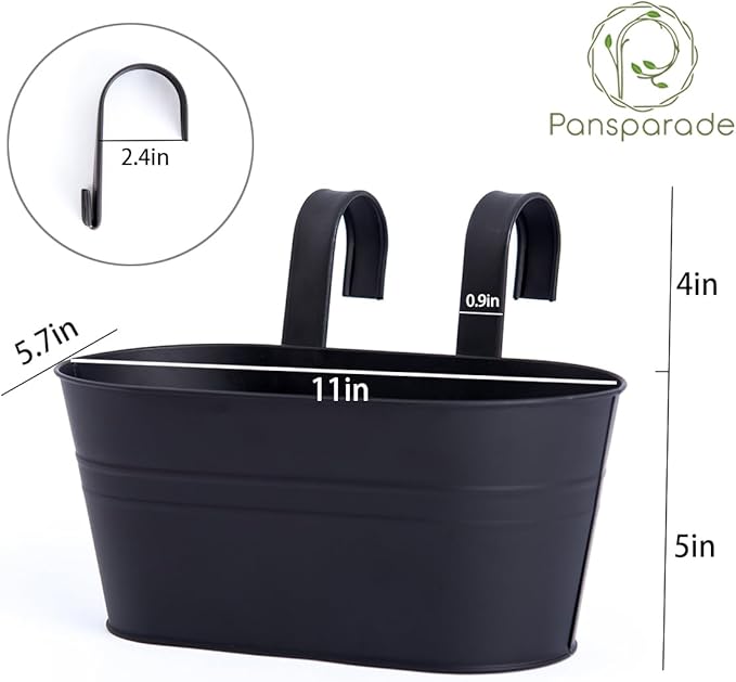 5 Pack Metal Hanging Flower Pots for Railing Fence，Outdoor Balcony Rail Planter with Garden Tools Detachable Hooks Drainage Holes for Deck Garden Home Decor Black