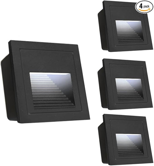 4Pack 3W LED Recessed Light 85-230V Step Lights Cool White 6000K IP65 Waterproof Wall Light Staircase Light lamp, Inside Outside Garden Balcony Corridor, Aluminum, 120V,Black