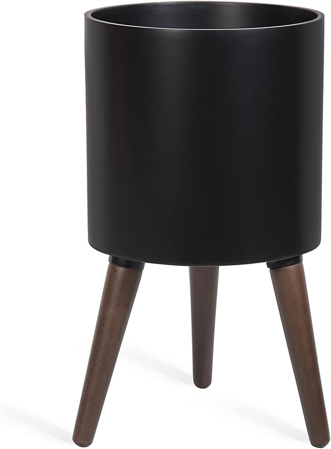D'vine Dev 10 Inch Planter Pot with Stand, Mid-Century Tall Plant Pot with Legs for Indoor Plants, Medium, Black, 88-O-B-2