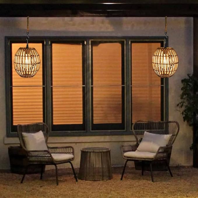 Hanging Solar Lantern Outdoor Waterproof, IP44 Boho Rattan Solar Hanging Light, Large Solar Lantern for Porch Yard Pathway Garden Decor(Bulb Included)
