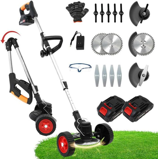 ALSO GO 24V Electric Weed Wacker Grass Trimmer with 2 pcs Batteries & Fast Charger, 3 in 1 Stringless Lightweight Brush Cutter/Edger/Mower with 3 Types Blade & Wheels for Garden and Yard Lawn