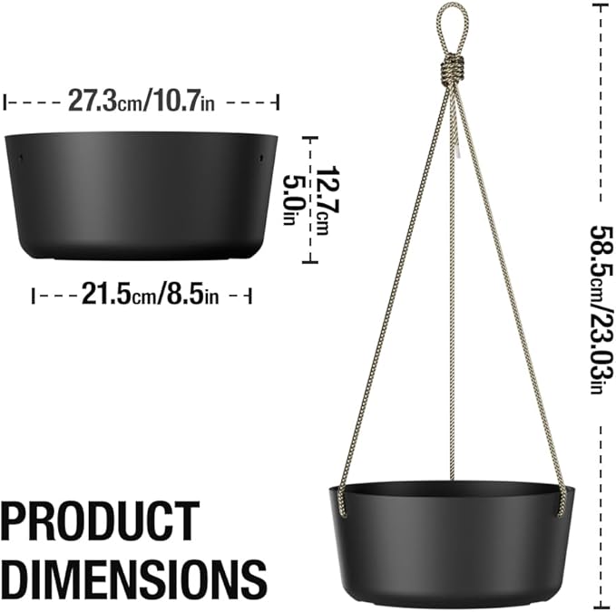 10.7 Inch Hanging Planter for Outdoor Indoor Plants，2 Pack Hanging Flower Pots with Drain Holes for Garden Home Decor Use (Black)