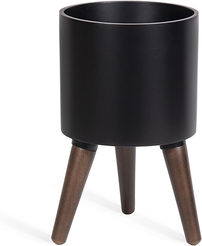 D'vine Dev 8 Inch Planter Pot with Stand, Mid-Century Tall Plant Pot with Legs for Indoor Plants, Small, Black, 88-O-A-2